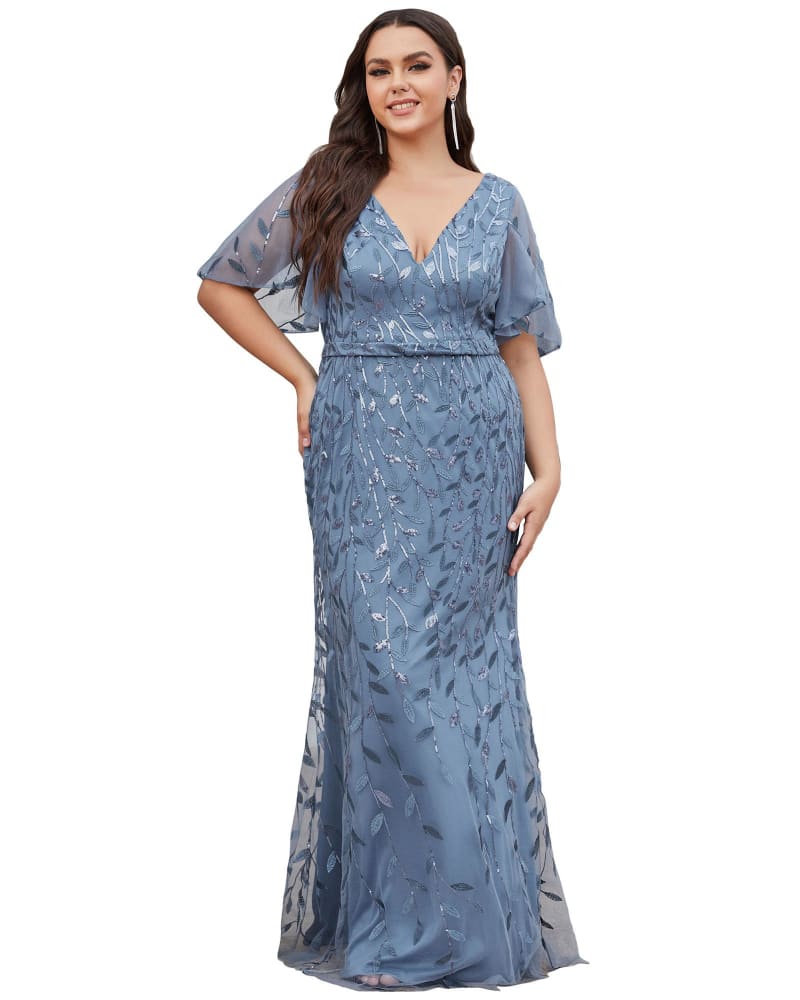 Front of a model wearing a size 12 Shiny V Neck Leaf-Sequined Bodycon Formal Evening Dresses in Dusty Navy by Ever-Pretty. | dia_product_style_image_id:283782